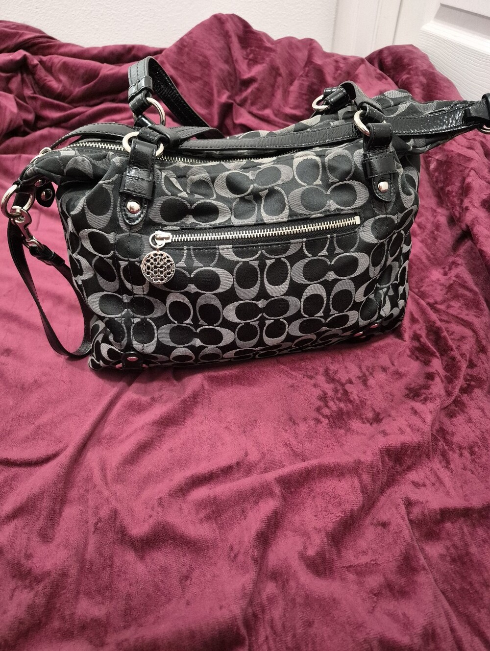 Coach Gray and Black Signature Shoulder Bag